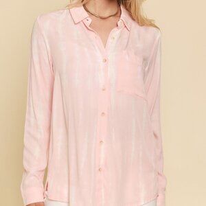MYSTREE Pink Tie-Dye Button Down Blouse, Long Sleeve Collared Shirt, Casual Chic